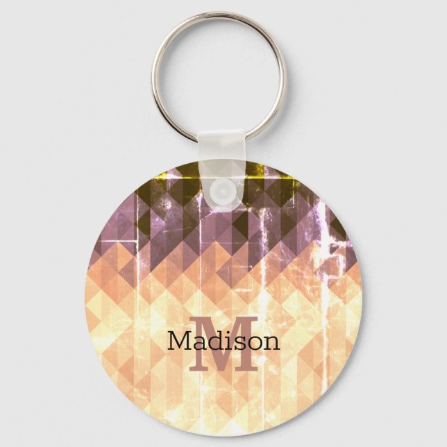 Vintage brown purple geometric pattern Monogram Key Ring (Front)
