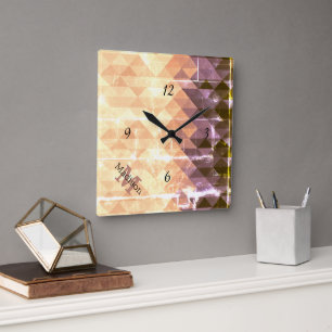 Vintage brown purple geometric pattern Monogram Square Wall Clock
