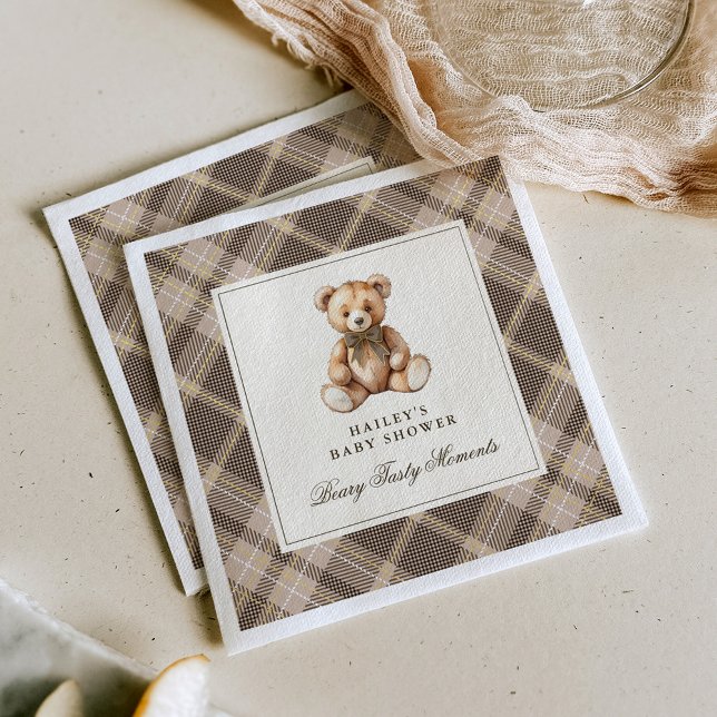 Vintage Brown Tartan Teddy Bear Baby Shower Napkin (Creator Uploaded)