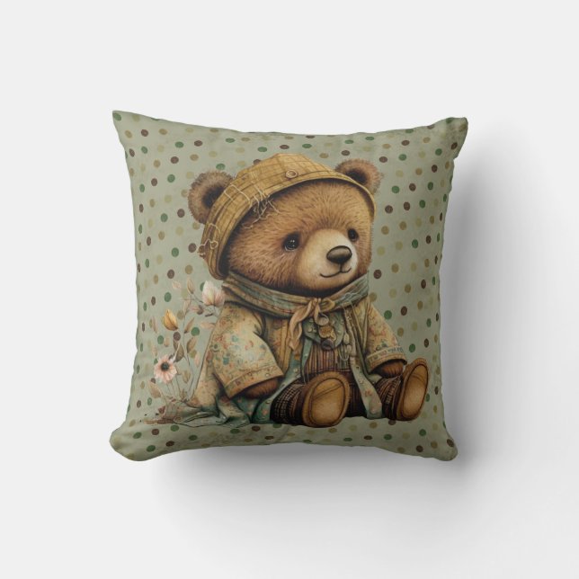 Vintage Brown Teddy Bear And Polkadots Cushion (Front)