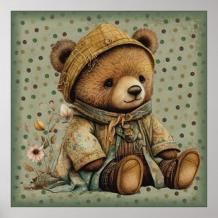Vintage Brown Teddy Bear And Polkadots  Poster