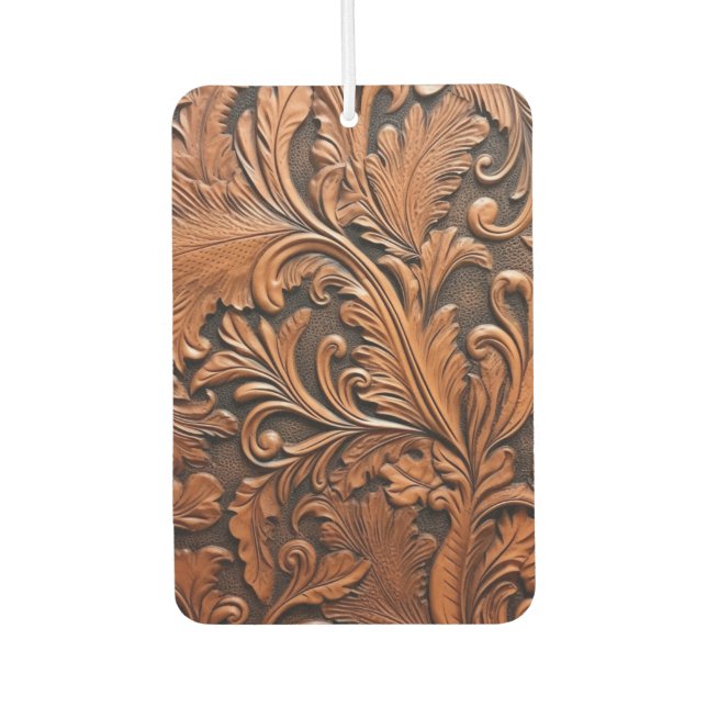 Vintage brown tooled leather  car air freshener (Front)