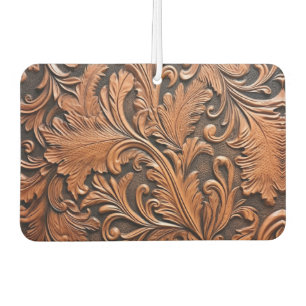 Vintage brown tooled leather car air freshener