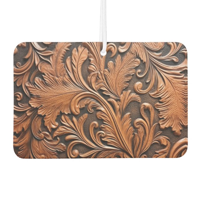 Vintage brown tooled leather  car air freshener (Front)