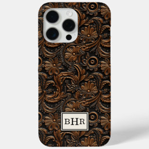 Vintage Brown Tooled Leather Monogrammed iPhone 15 Pro Max Case