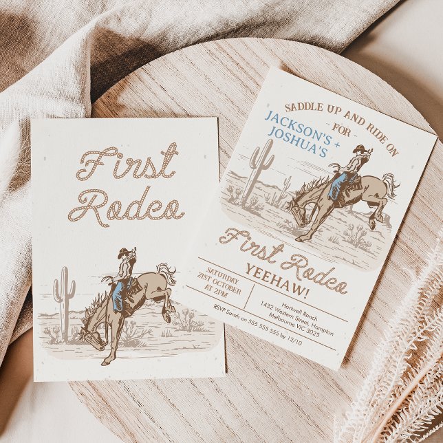 Vintage Brown Twins First Rodeo 1st Birthday  Invitation (Twin Boys First Rodeo Birthday Invitation Bronco Cowboy Rope Text, First Rodeo 1st Birthday Twins)