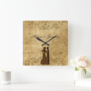 Vintage brown wedding Bride Groom custom names Square Wall Clock