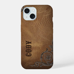 vintage brown Western Cowboy Leather Initials iPhone 15 Case