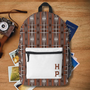 Vintage Brown White Stripes Geometric Monogram Printed Backpack