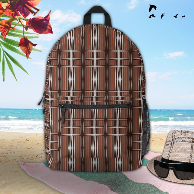Vintage Brown White Stripes Geometric Pattern Printed Backpack (Creator Uploaded)
