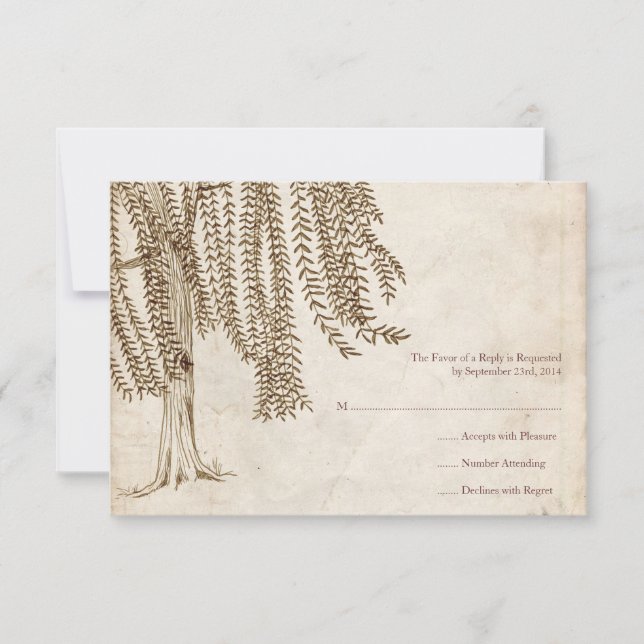 Vintage Brown Willow Tree Wedding RSVP Card (Front)
