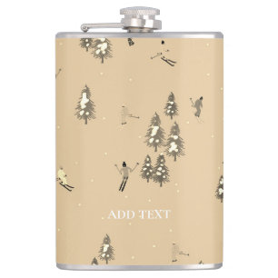 Vintage Brown Winter Skiers Skiing pattern  Hip Flask