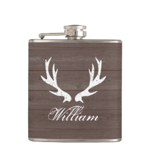 Vintage brown wood grain deer antlers hip flask