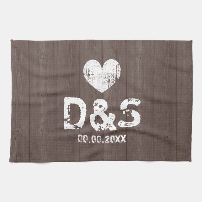 Vintage brown wood grain monogram kitchen towel (Horizontal)