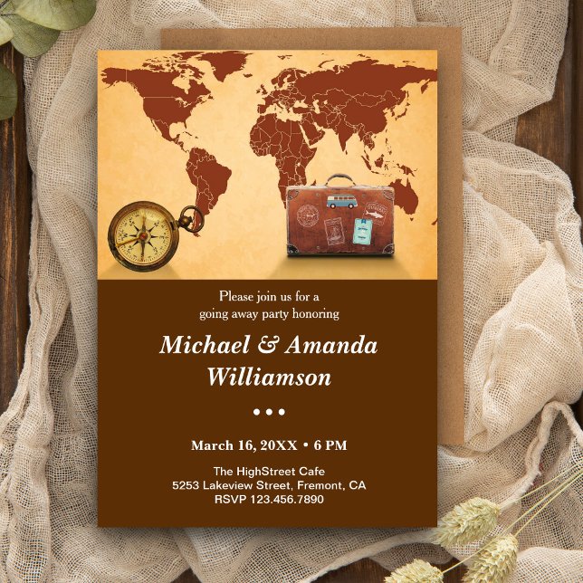 Vintage Brown World Map Farewell Party Invitation (Creator Uploaded)