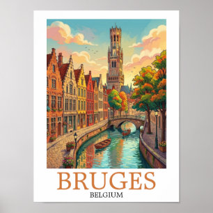 Vintage Bruges Belgium Canal Art Poster