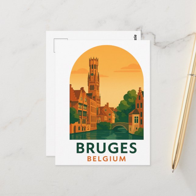 Vintage Bruges Belgium Travel Art – Retro Europe Postcard (Front/Back In Situ)