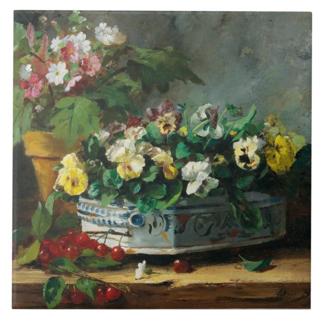 Vintage Brunel-Neuville Pansies and Primroses Tile (Front)