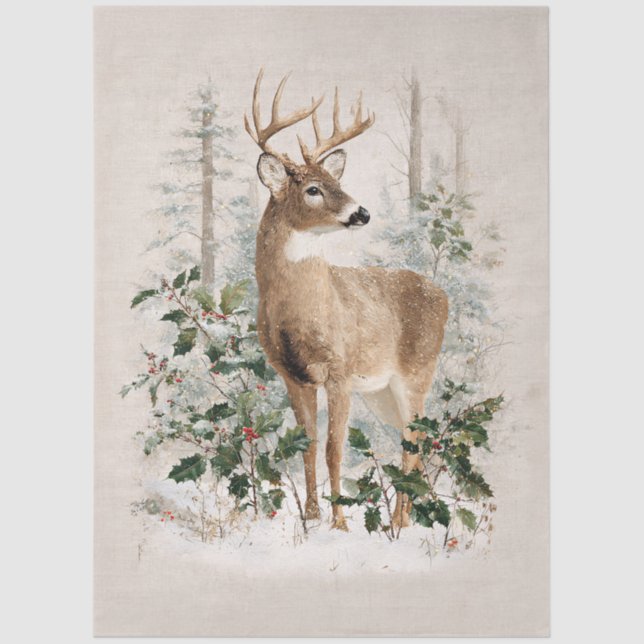 Vintage Buck Deer in Winter Decoupage Tissue Paper (Front)
