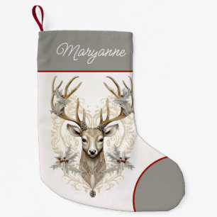 Vintage Buck Holly and Berries w Name Christmas Small Christmas Stocking