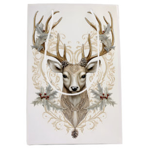 Vintage Buck with Holly and Berries Christmas Medium Gift Bag