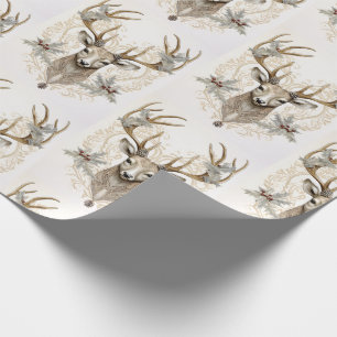 Vintage Buck with Holly and Berries Christmas Wrapping Paper
