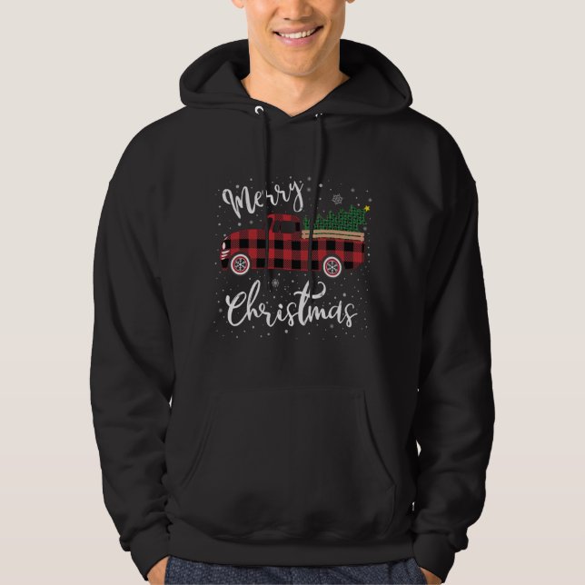 Vintage Buffalo Plaid Red Truck Merry Christmas Hoodie (Front)