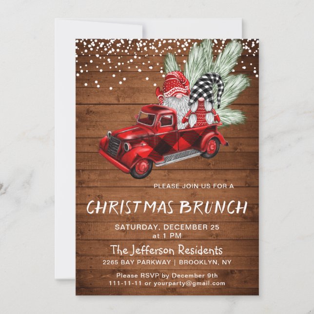 Vintage Buffalo Red Truck Gnomes Christmas Brunch Invitation (Front)