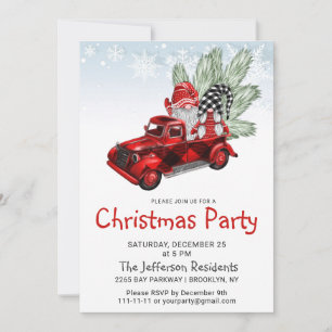 Vintage Buffalo Red Truck & Gnomes Christmas Party Invitation