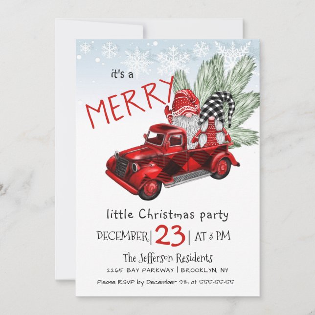 Vintage Buffalo Red Truck & Gnomes Christmas Party Invitation (Front)