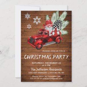 Vintage Buffalo Red Truck & Gnomes Christmas Party Invitation