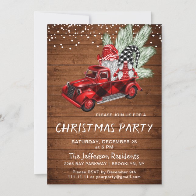 Vintage Buffalo Red Truck & Gnomes Christmas Party Invitation (Front)