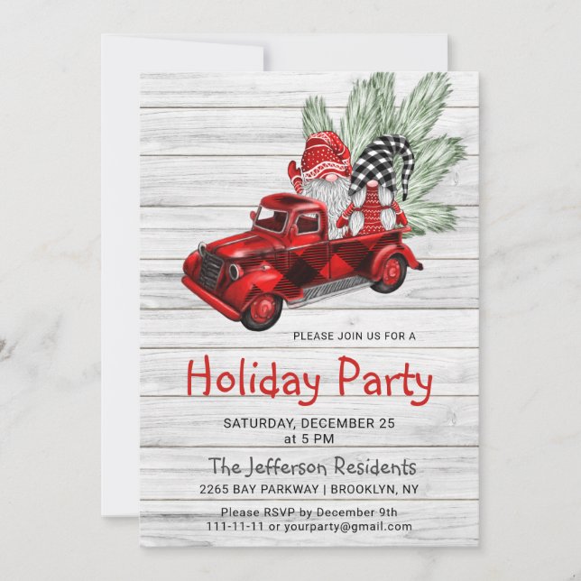 Vintage Buffalo Red Truck & Gnomes Holiday Party Invitation (Front)