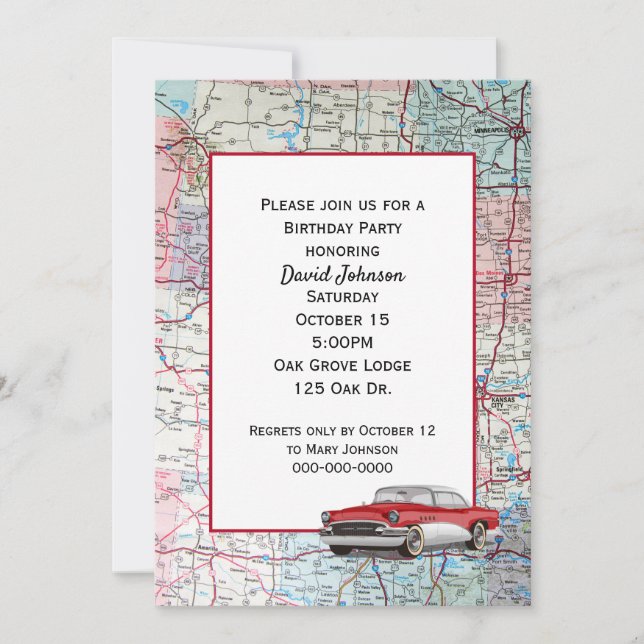 Vintage Buick on Roap Map Invitation (Front)