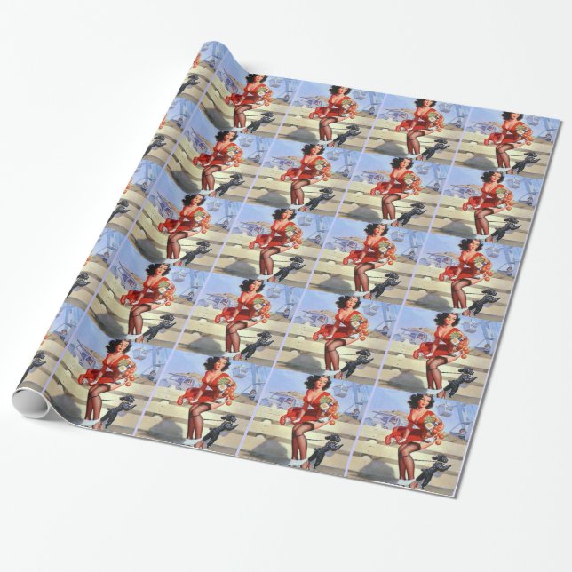 Vintage building pin-up girl poster wrapping paper (Unrolled)