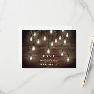 Vintage Bulbs Rustic Wood Botanical Wedding RSVP Card