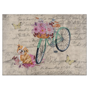 Vintage Bulldog Floral Bicycle Ephemera Decoupage Cutting Board