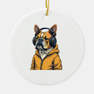 Vintage Bulldog in Headphones Wearing Hoodie Music Ceramic Tree Decoration