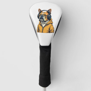 Vintage Bulldog in Headphones Wearing Hoodie Music Golf Head Cover