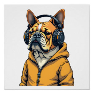Vintage Bulldog in Headphones Wearing Hoodie Music Poster