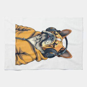 Vintage Bulldog in Headphones Wearing Hoodie Music Tea Towel