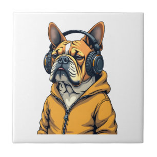 Vintage Bulldog in Headphones Wearing Hoodie Music Tile