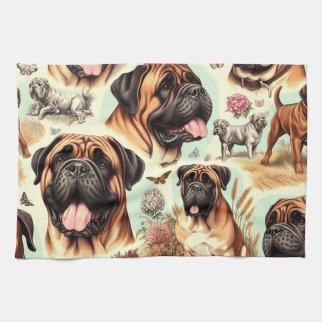 Vintage Bullmastiff Seamless Tea Towel (Horizontal)