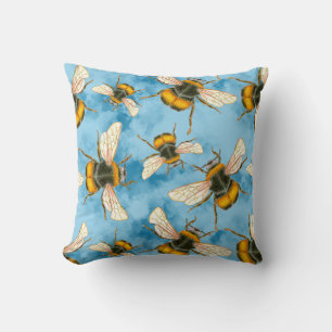 Vintage Bumble Bee Illustration on Blue Clouds Cushion