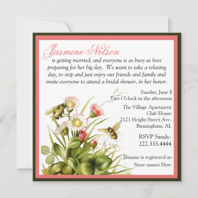 Vintage Bumble Bees Bridal Shower Invitation (Front)