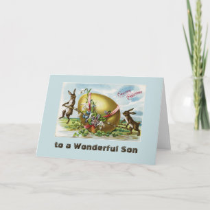 Vintage Bunnies and Easter Egg Son Blue Holiday Card