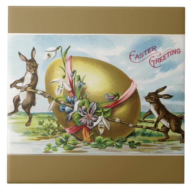 Vintage Bunnies and Golden Easter Egg Tile (Front)