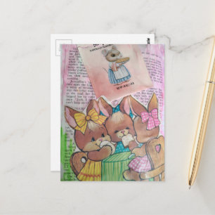 Vintage Bunnies and Mouse Collage Postcard