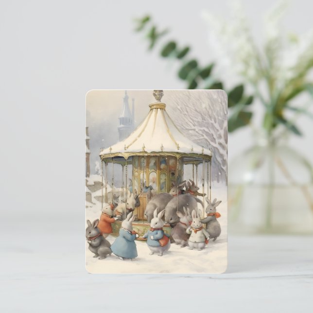 vintage bunnies carousel christmas holiday card (Standing Front)