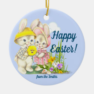 Vintage Bunnies & Flowers Happy Easter Ceramic Tree Decoration